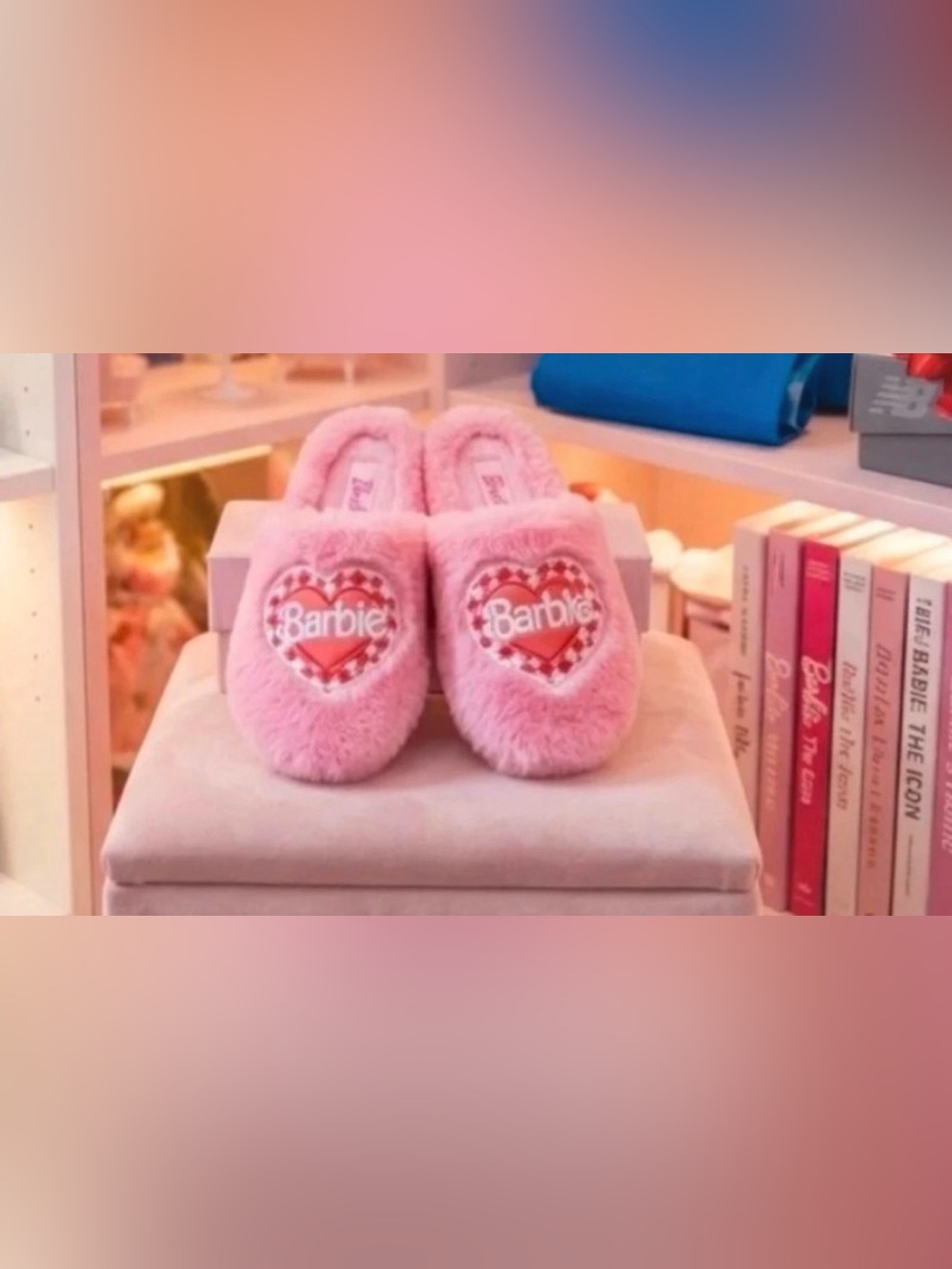 Barbie Pink Heart Logo Fuzzy Slip-On Slippers for Kids size 2/3 junior